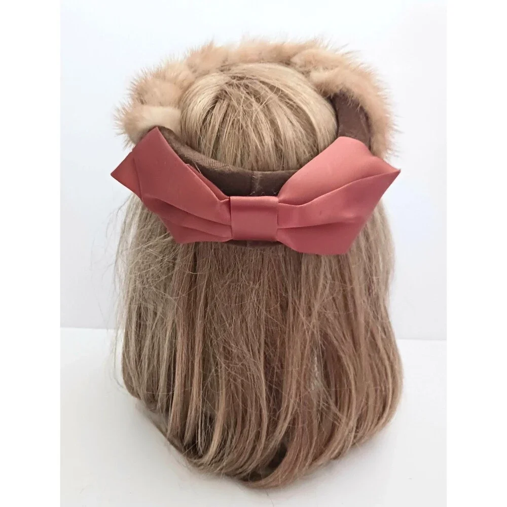 VTG Mink / Velvet Circle Hat Bronze Satin Bow Open Crown O/S